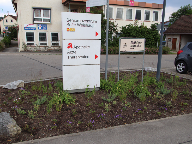 Ein Blumenbeet in dessen Mitte ein Wegweiser steht.