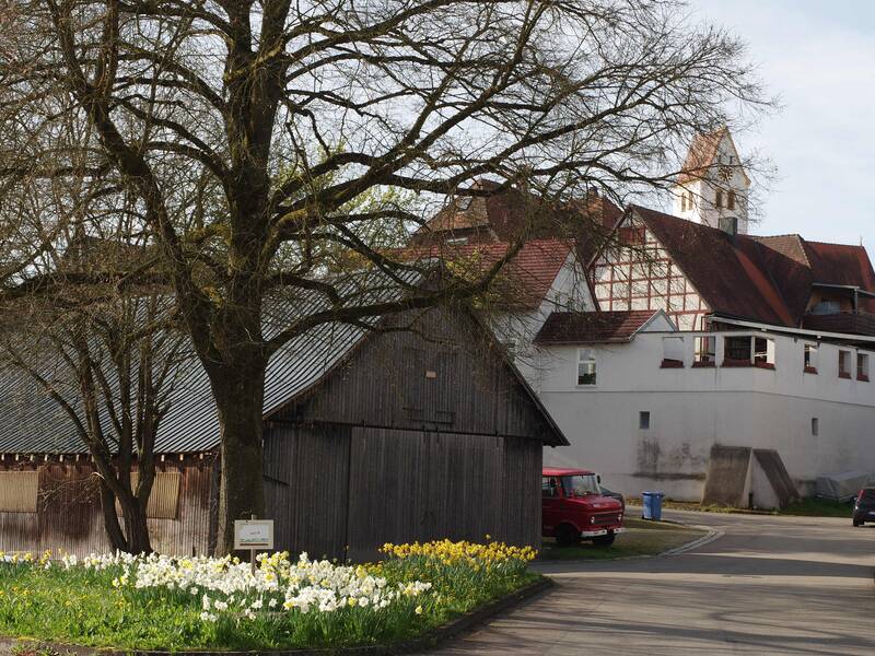 rechts eine Straße die auf eine Stützmauer zuläuft. auf dem Plateau der Mauer ist eine Kirche zu erahnen. links im Bild ist im Vordergrund eine WIese mit gelb blühenden Blumen zu sehen. Dahinter mehrere Bäume und ein Holzschuppen.