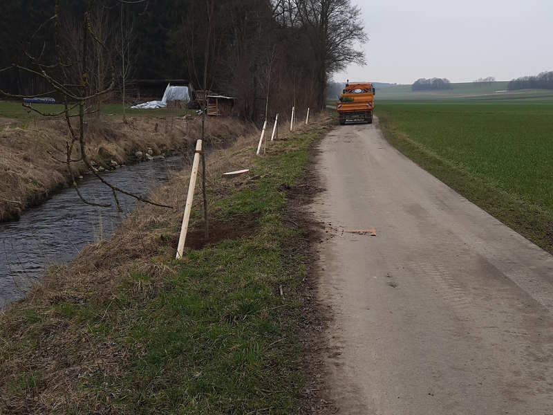 links ist ein Fluss zu sehen, links davon im Hintergrund ist ein Wald zu sehen. rechts des Flusses ist ein Feldweg auf dem im Hintergrund ein Orangenes Fahrzeug der Gemeinde. Zwischen Weg und Fluss sind junge Bäume zu sehen