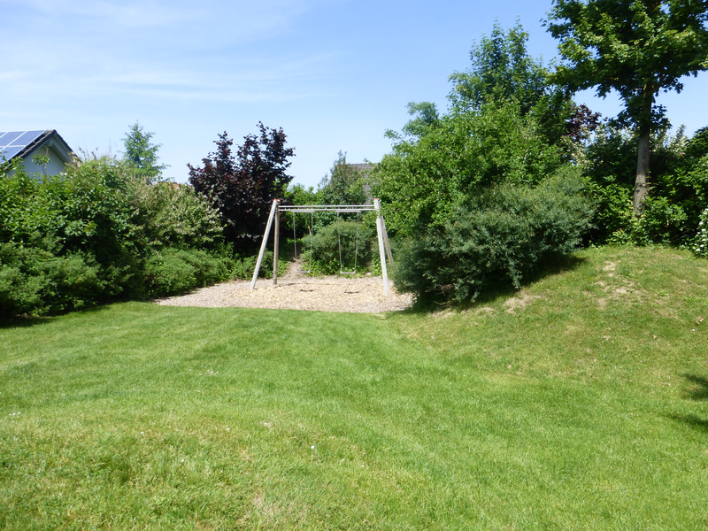 Eine Grüne Wiese. Im Hintergrund sind Büsche und Bäume. Davor eine Schaukel, die von einem Hügel umgeben ist.