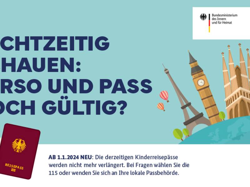 Flyer mit dem Schriftzug "Rechtzeitig schauen: Perso und Pass noch gültig?" auf der linken Seite. Rechts sind schematisch der Eifelturm, der Big Ben, die Sagrada Familia und der Schiefe Turm von Pisa zu sehen.